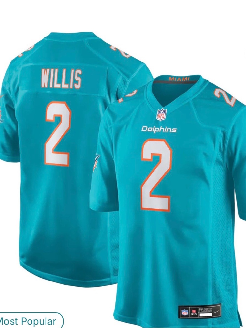 Miami Dolphins #2 Willis Teal Football Jersey
